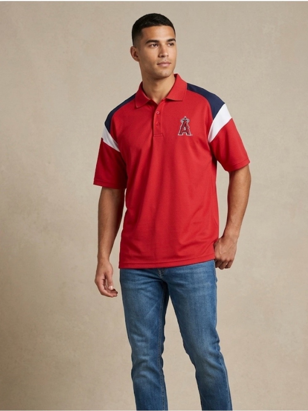 Genuine Merchandise Red Polo with Navy and White Shoulder Panels size XL